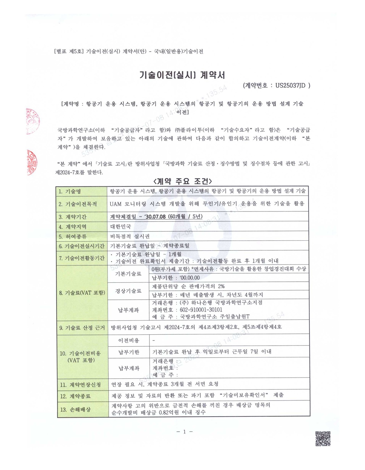 국방기술 이전 계약서